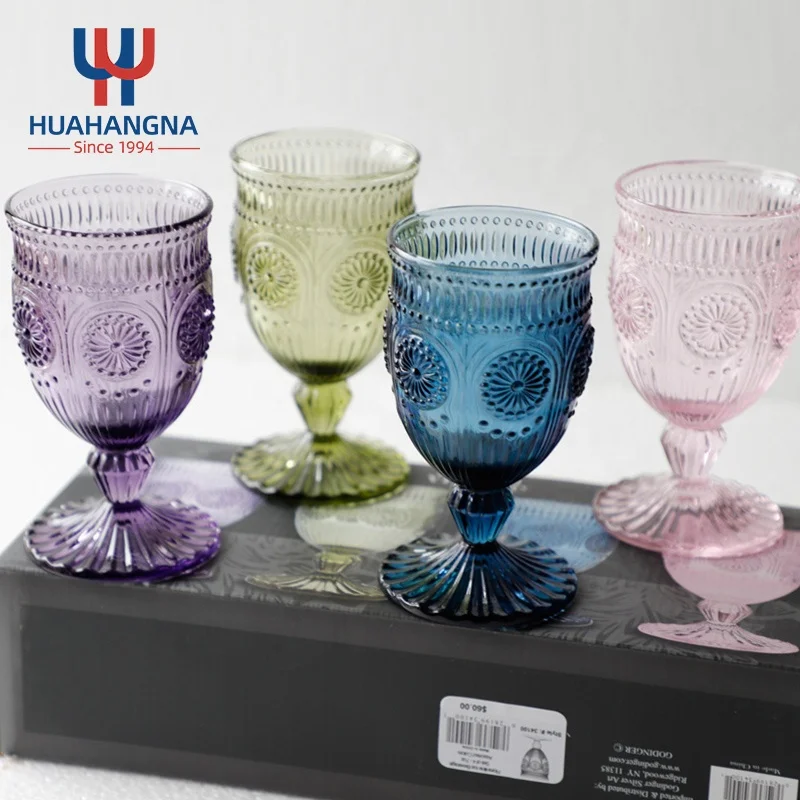 

Colored Goblet Wine Glass Cup Factory Wholesale Sunflower Vintage Glass Goblets Cups, 4 colors optional