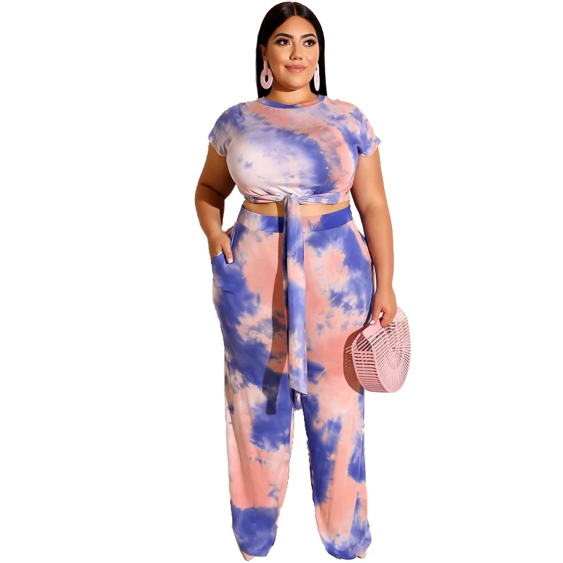 

Woman sets oversize Europe and America best sales crop tops & long pants tie-dye new design navel two-pieces plus size women set, Pink&blue