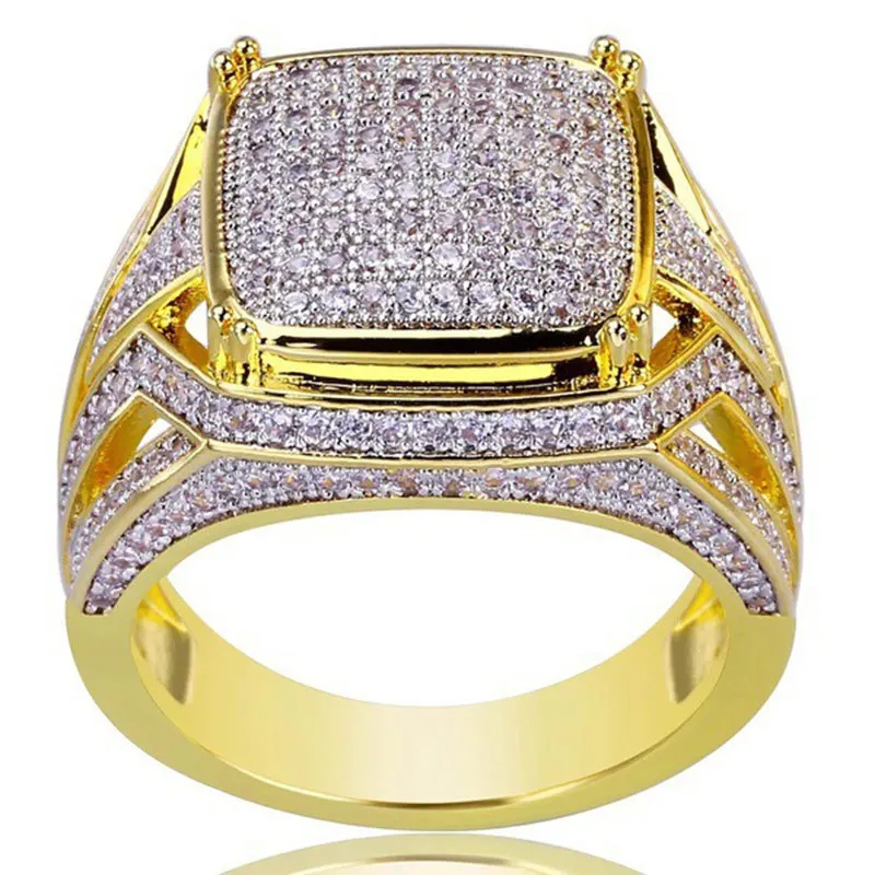 

Factory wholesale luxury men hiphop full diamond 18k gold plated alloy ring jewelry