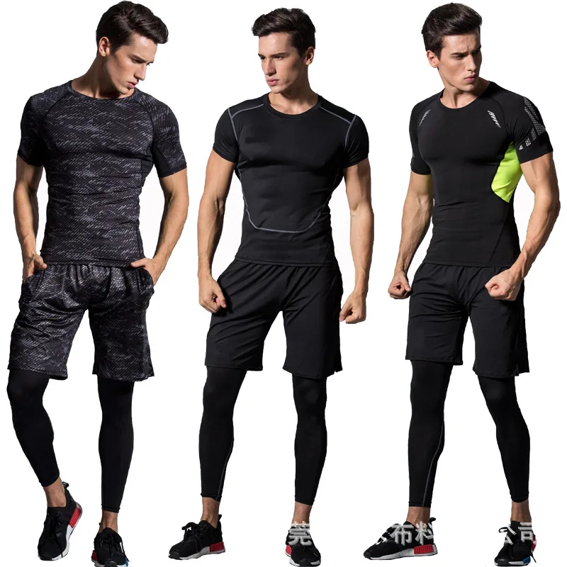 

Cheap 3 Pcs Men's Workout Clothes fitness set with Compression Pants, Long Sleeve Shirts and Loose Fitting Shorts, Black