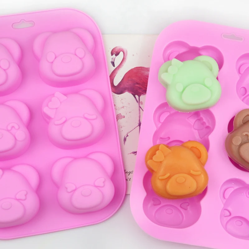 

007 factory free sample 6 hole different face bear shape silicone cake mold, silicone candle molds, soap mold silicone, Pink