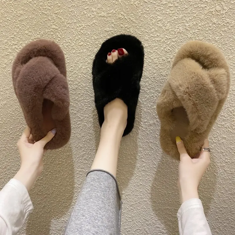 

High Quality Fluffy House Slippers Winter Faux Women Furry Slippers 2021, Customized color