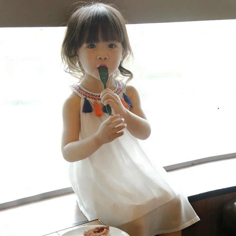 

B20720A Summer new stylish Korea Girls Tassel girl's dress, White