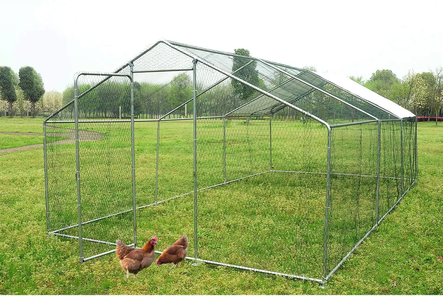 9.2' L x 12.5' W x 6.4' H Large Metal Chicken Coop Outdoor Duck House Walk-in Poultry Cage Chicken Pen Rabbits Cage Flat Roofed Coop with Waterproof and Anti-Ultraviolet Cover for Backyard Farm Use 