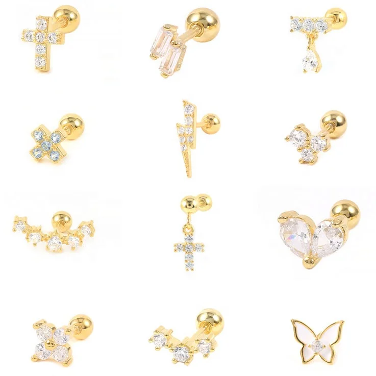 

New 925 Silver Crystal Ear Piercing Stud Earrings For Women Girls Butterfly Cross Pendientes Cartilage Earrings Wedding Jewelry