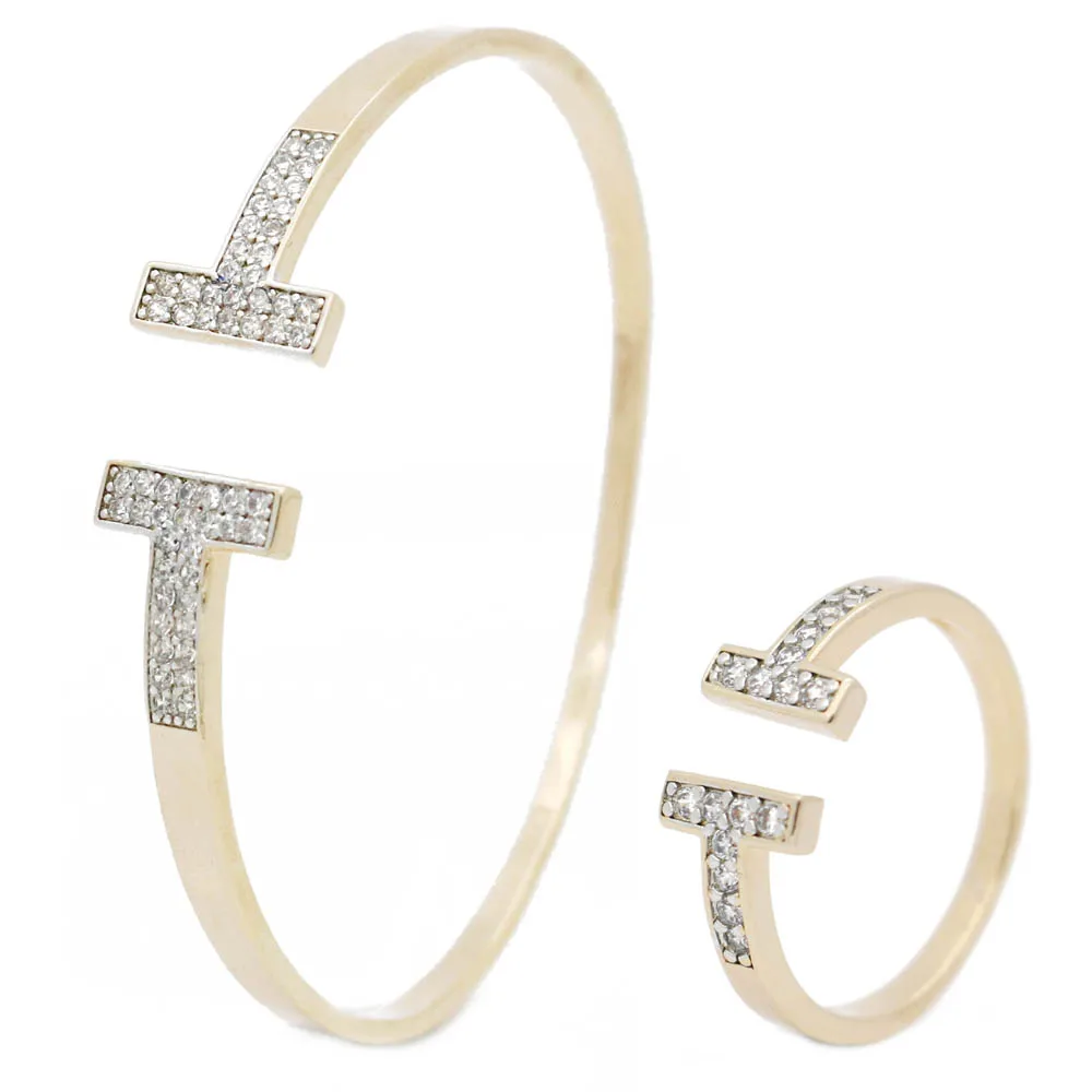 

Wholesale Brass Zircon CZ Cuff bracelet T Bangle&ring for Women Jewelry, Two-tone