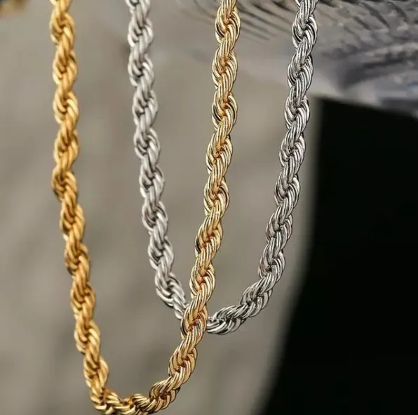 

In Stock Hip Hop Men 316l Stainless Steel Necklace Gold Plated Rope Chain