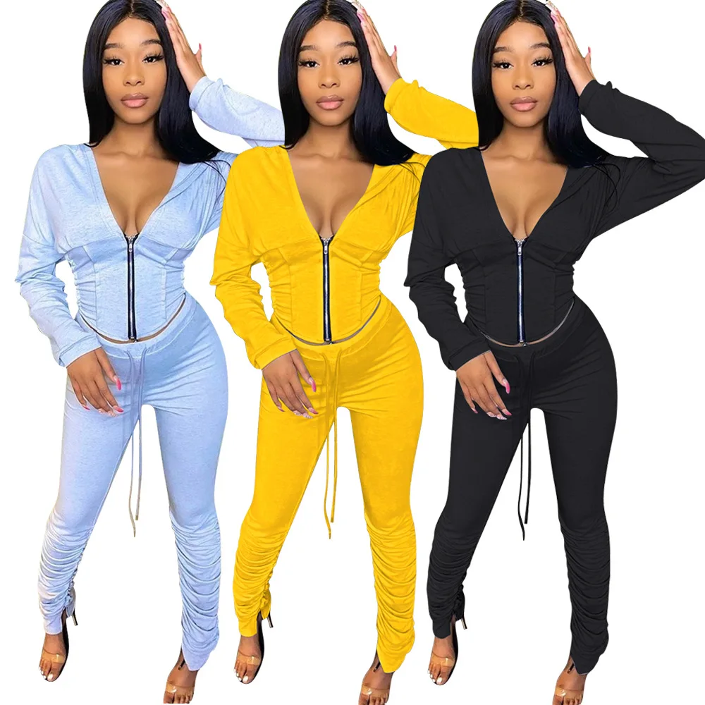 

Ready To Ship Fall Clothing Fitness Gym Casual Zip Up Hoodie two piece set 2021 women clothe hood sweatsuit set