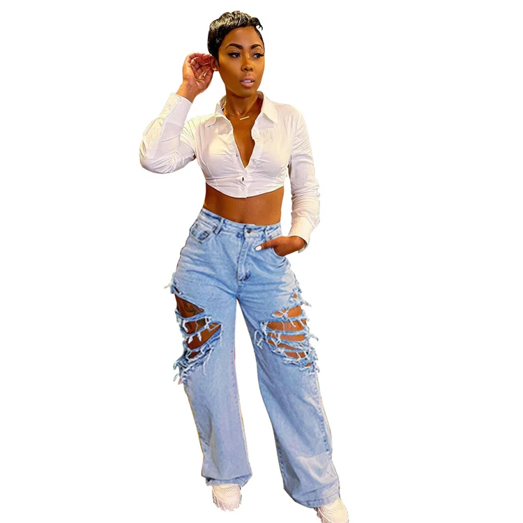 

Fall 2021 women clothes high waist slim fit hole casual women straight leg pants loose jeans