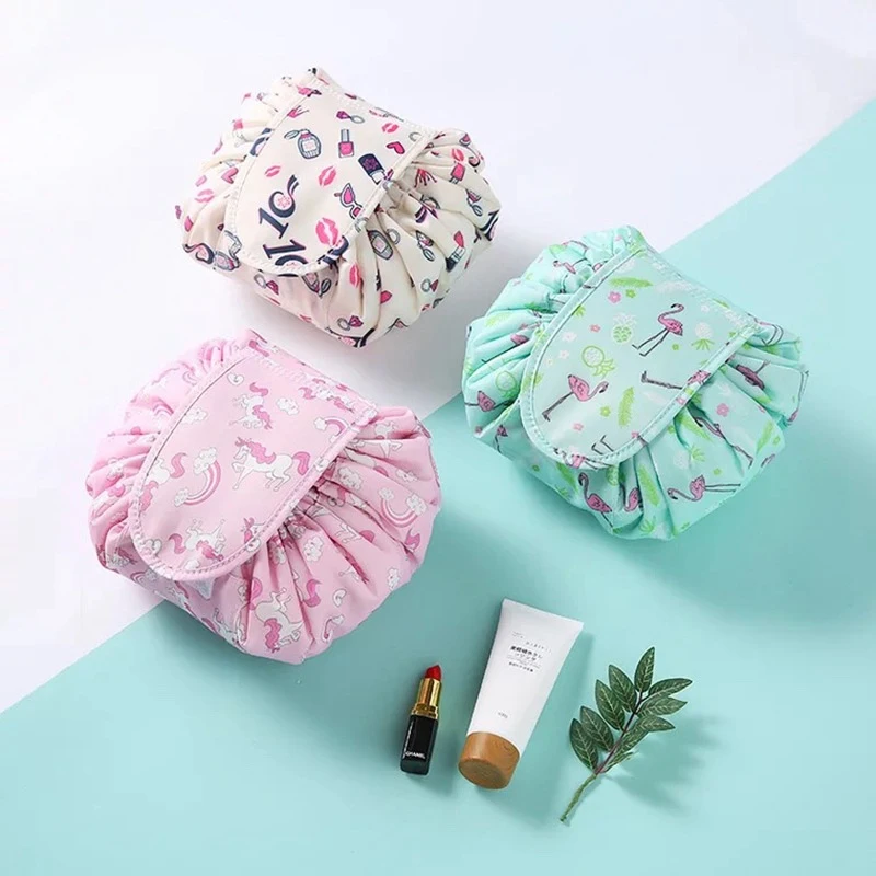 

Bulk Waterproof Polyester Travel Toiletry Extra Large Lay And Go Flat Makeup Pouch Lazy Drawstring Cosmetic Bag