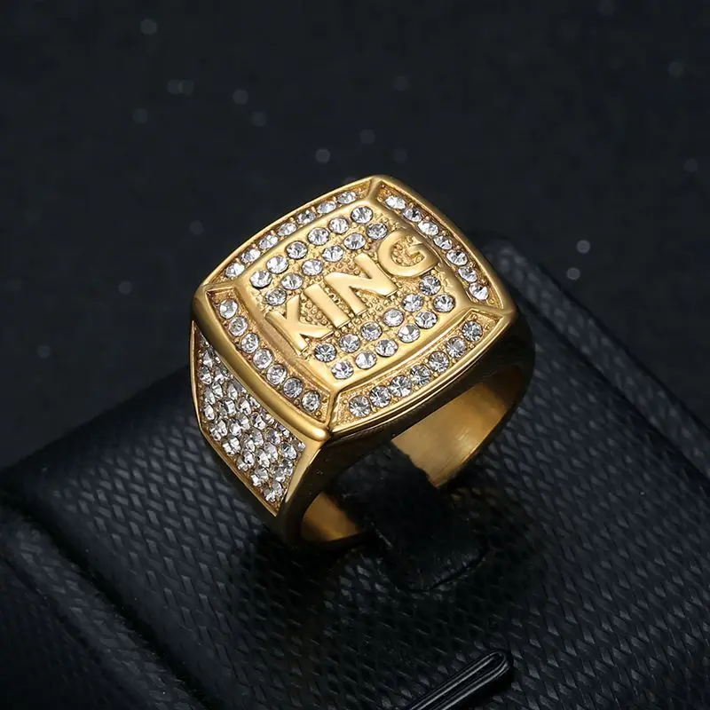 

2023 Hiphop Vintage Gold Plated New Stainless Steel Inlaid Zircon Crown King Ring Titanium Steel Ring for men