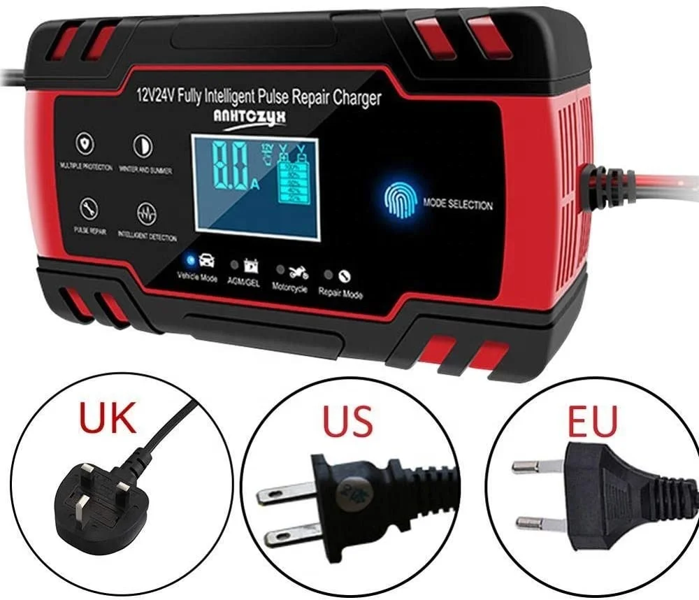 

12/24V Car Battery Charger Power Touch Screen Pulse Repair Charger AGM Wet Dry Lead Acid Battery-Chargers Digital LCD Display, Red yellow