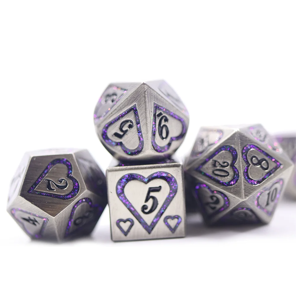 

Polyhedral Zinc alloy dice set rpg DND board game custom metal heart Purple glitter mica dice set