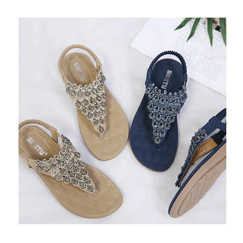 

2021 new arrivals summer Bohemia style lace rhinestone ladies flip flops plus size rubber sole women flat thong sandals