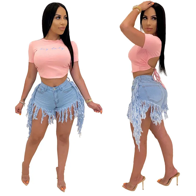 

QJ5322 Summer Fashion Tassel Vintage Jeans Distressed Shorts Jean Shorts Women