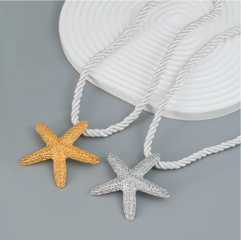 

New Bohemian Metal gold color Star stud Earrings Starfish Pendant Rope Chain Necklace set for Women Holiday Jewelry ZA Earring