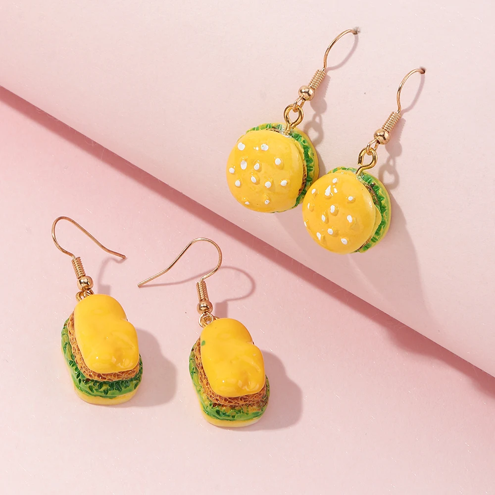

2 pair/set Wholesale Fashion Cartoon Hamburger Food Resin Jewelry Earring For Girls, Colourful