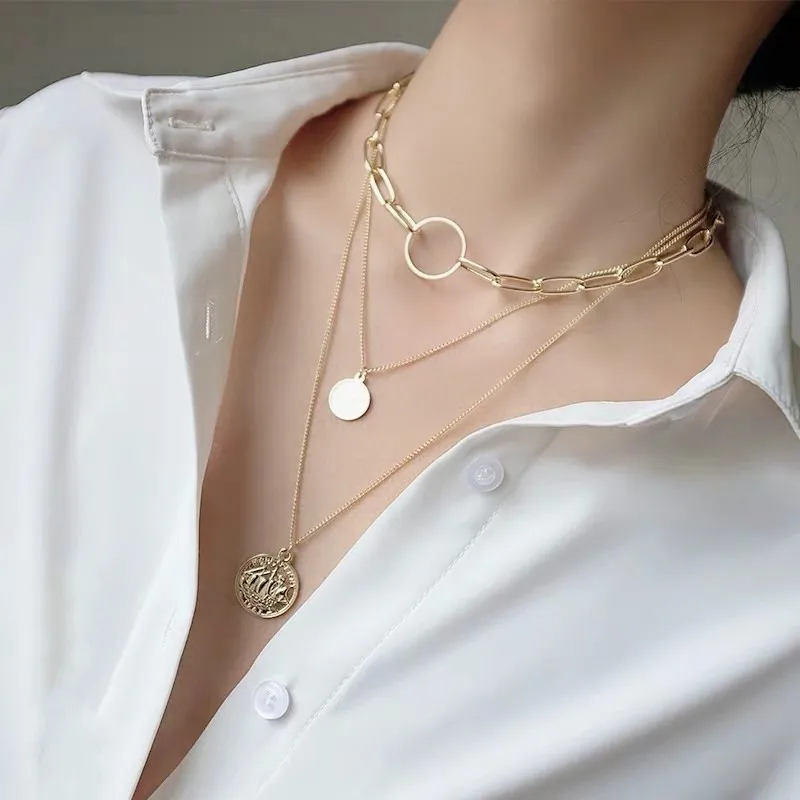 

Amazon best seller fashion necklace 2019 multi layered geometric gold coin pendant necklace charm chocker necklace, Gold color