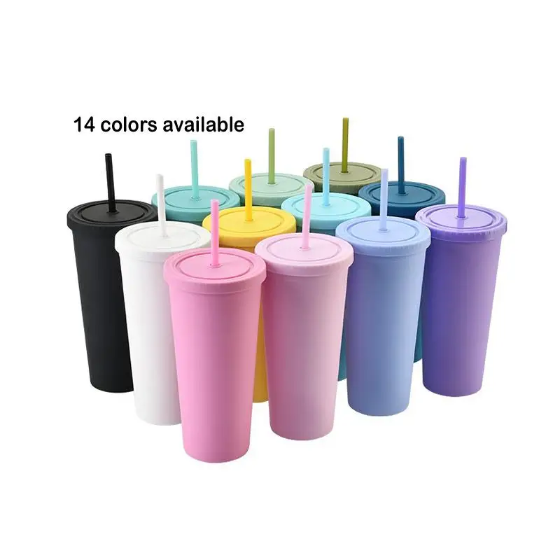 

22oz double walled Acrylic Plastic Pastel matte Colored Reusable drinking Matte Tumbler with Lids and Straws, As picture