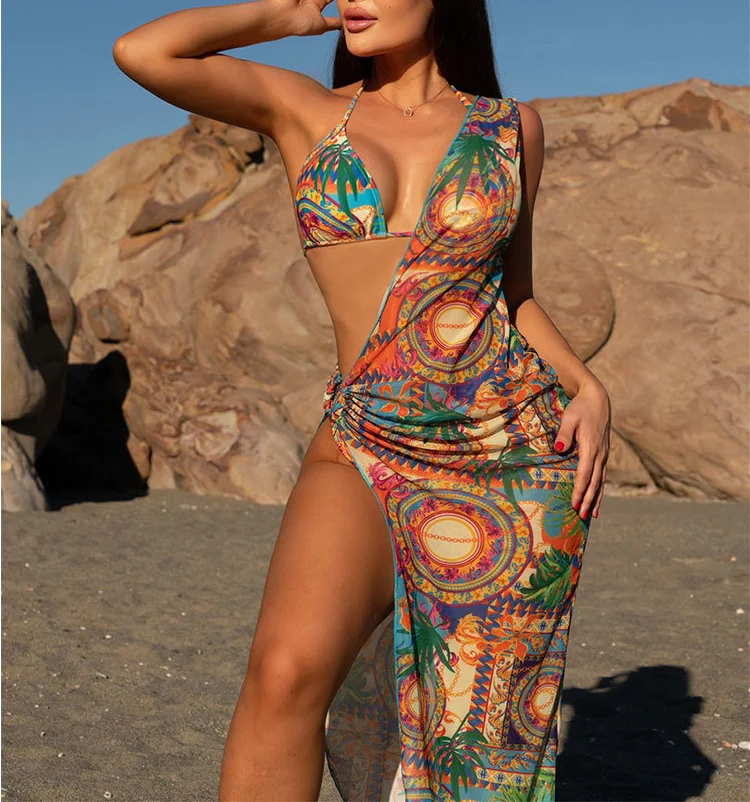 

Bohemian Exotic Print 3 Piece Swimsuit Cover Up Swimwear Beachwear Sexy Bikinis Bathing Suits For Women