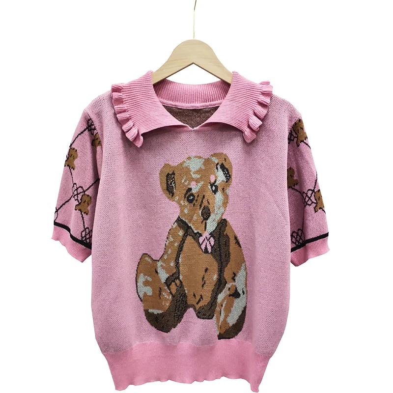 

2021 spring and summer new ruffle collar cartoon bear short-sleeved straight pink pullover sweater women
