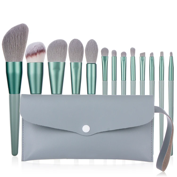 

13pcs Green Makeup Brushes Professional Makeup Brush Set Private Label Powder Foundation with PU bag