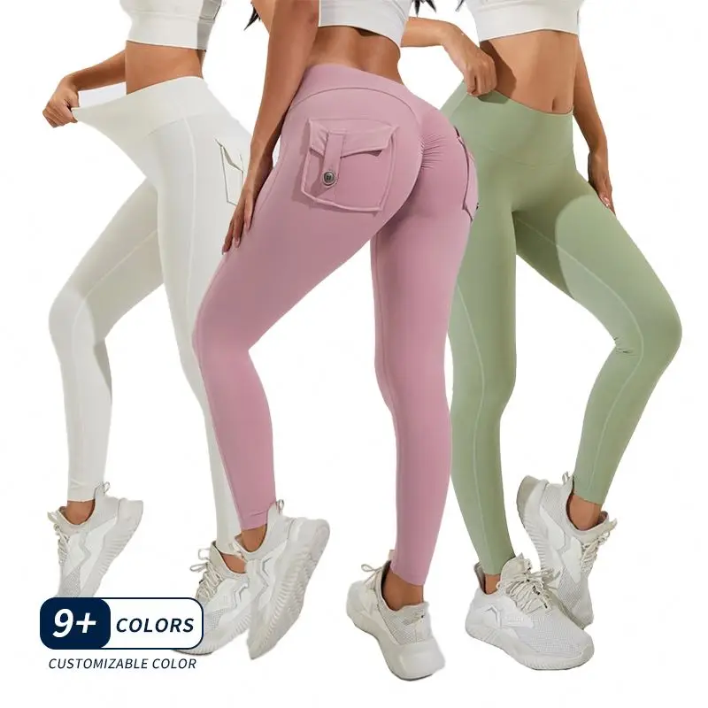 

Wholesale Fitness Pocket Tights High Waist Scrunch Butt Yoga athletic wear Nylon Spandex Gym Cargo Leggings for Women