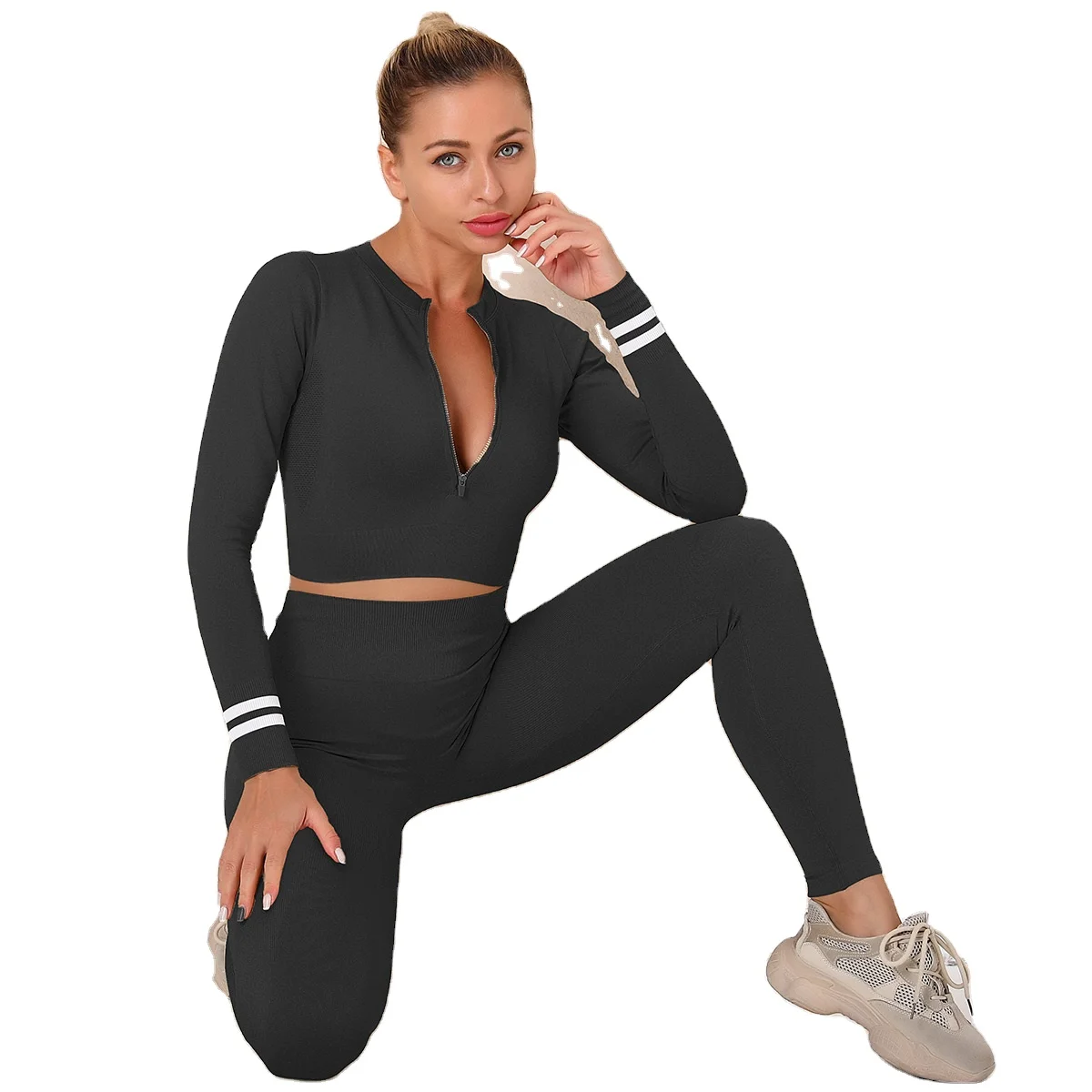 

Gym Fitness Sets Seamless Leggings Yoga Active Wear Zipper Running Fitness Tight-Fitting Hip-Lifting Sports Suit For Women