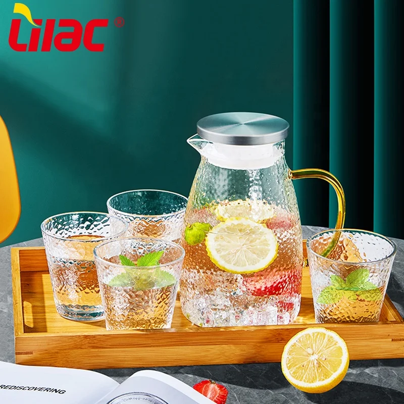 

Lilac German Quality 1600ml+300ml*4 packaging drinking water carafe jug and tumbler glasses set of 6/7 pcs cup with ripple