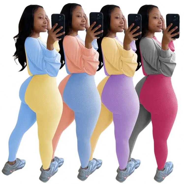 

W8250 2020 fall women clothing sport patchwork tracksuit 2 piece sweat suit