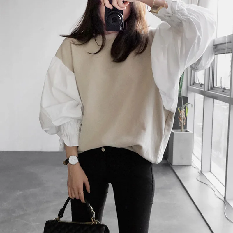 

Wholesale Autumn Fashion New Lantern Sleeve Women Split Joint Short Sweatshirt Japan And South Korea Tops