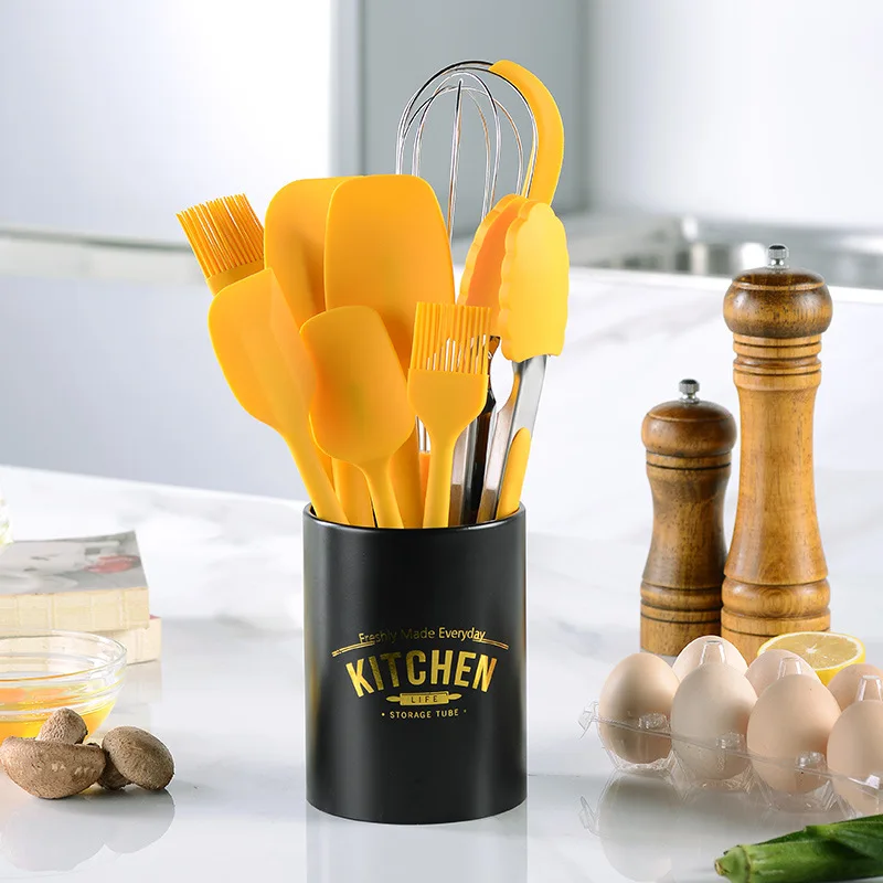 

New Yellow 9 pcs brush whisk food tong spatula multifunctional kitchen tools silicone baking cooking tools utensils set