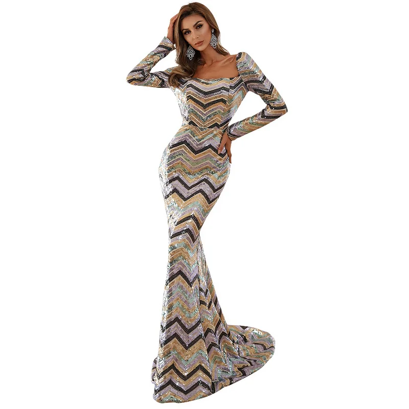 

Print Elegant Evening Dress Ball Gown Floral Dresses Long Sleeves Sweep Train Ladies Gown Party Wear Prom Women Evening Dress, As picture