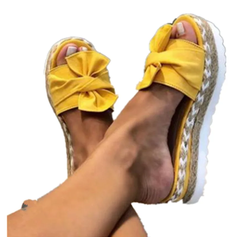 

Women Bowknot Sandals Summer Casual Daily Comfy Slip On Platform Ladies Slippers Dress Yellow Peep Toe Female Slippers, As shown