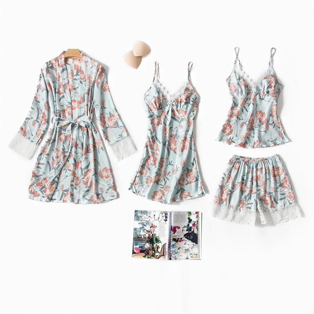 

Wholesale Floral Silk Four Piece Pajamas Women, Customized color