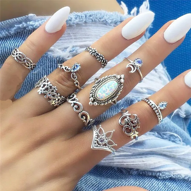 

European new arrivals flower dazzling opal water drop crescent moon set diamond 10 sets of knuckle ring jewelry, Antique silver color