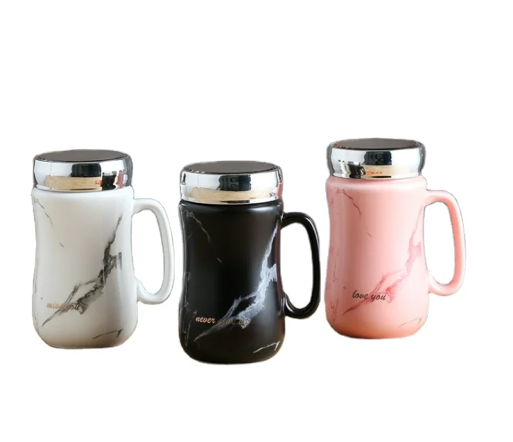 

porcelain gift Marble ceramic cup mirror cover coffee Mug set with lid and handle 450ml, Customized promotional mug