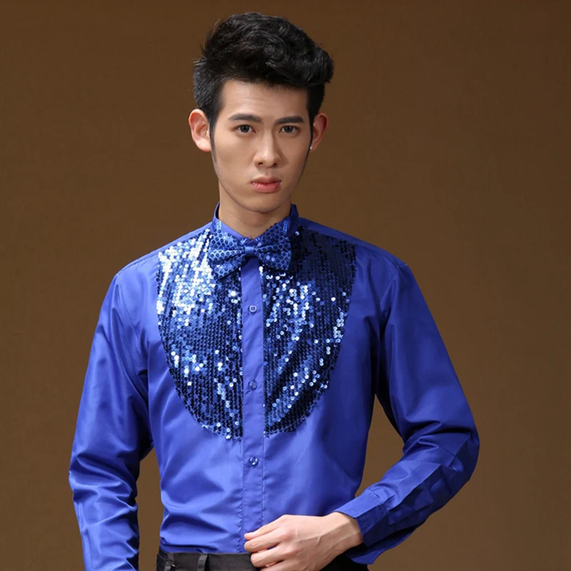 Men's Latin Dance Tops For Male Black White Blue Cotton Shirt Men
