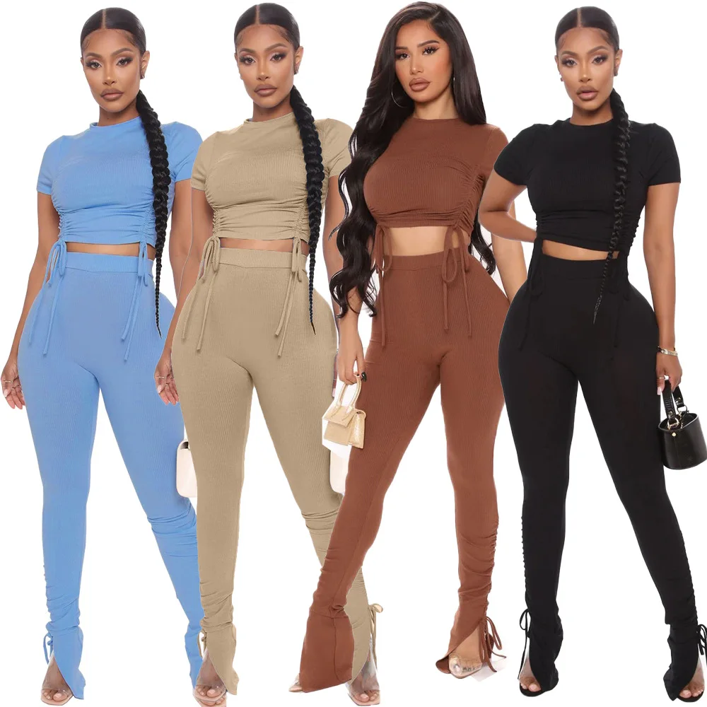 

Cute Casual Solid Ruched 2 Pc Outfits Women Summer Stretch Conjunto rib Knit String Crop Top Split Stack Two Piece Pants Set