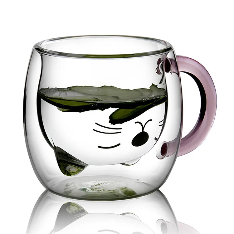 

Cat shaped double wall glass mug for coffee with pink handle