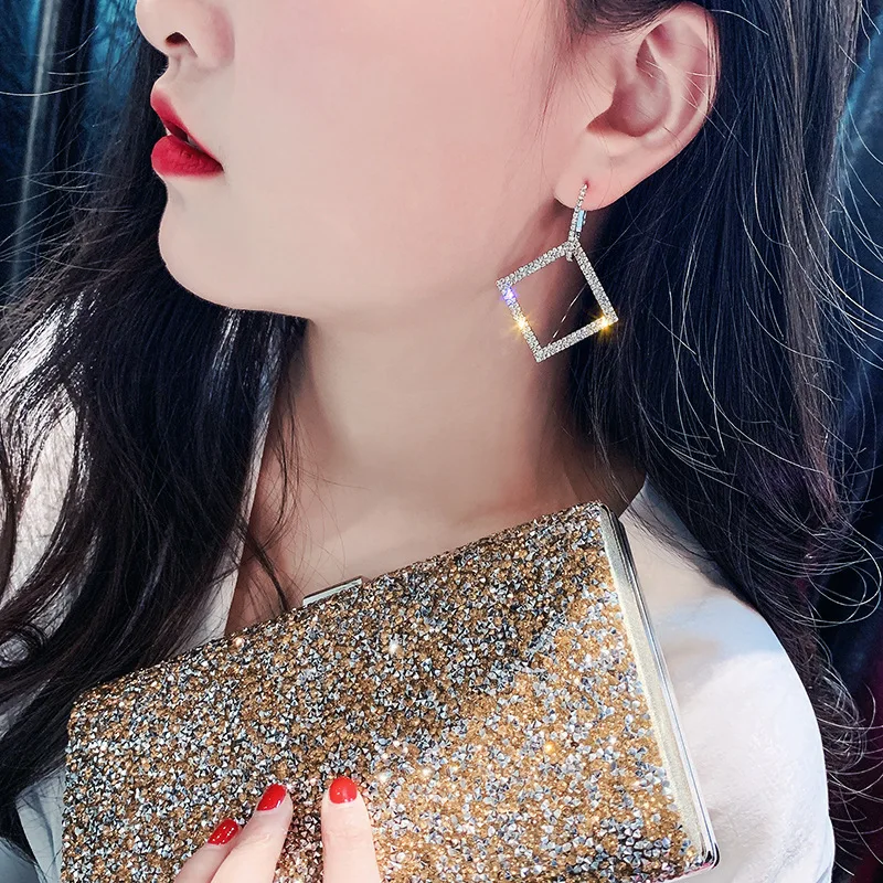 

Exaggerated 925 silver needle set diamond square earrings.South Korea long style personality wholesale earrings, Silver gold