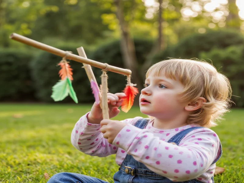 Child making stick mobile with feathers and twine in backyard