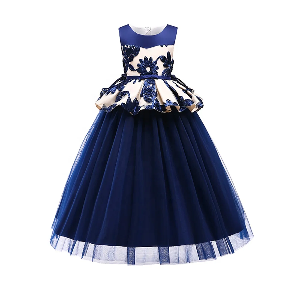 

wholesale high quality latest flower party frock designs baby girl evening stylish party dress, Navy,rose madder,pink,green