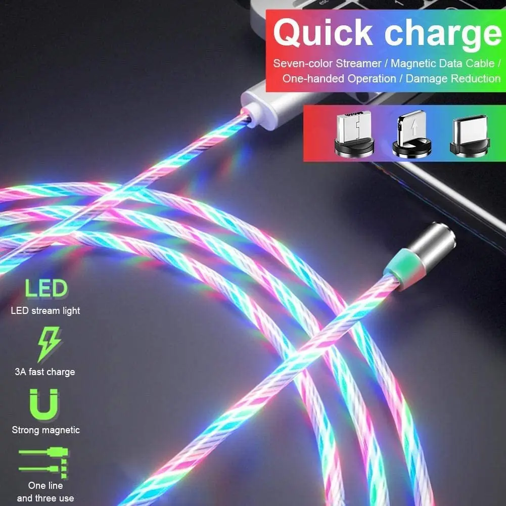 Shemax Led Flowing Charger Cable Light Up Strong Magnetic Charging Cable Multiple Usb With 3