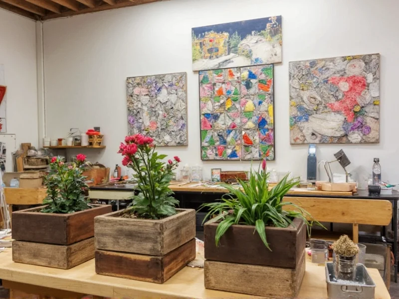 Reclaimed wood planters and fabric scrap wall art at Dan's Crafts workshop