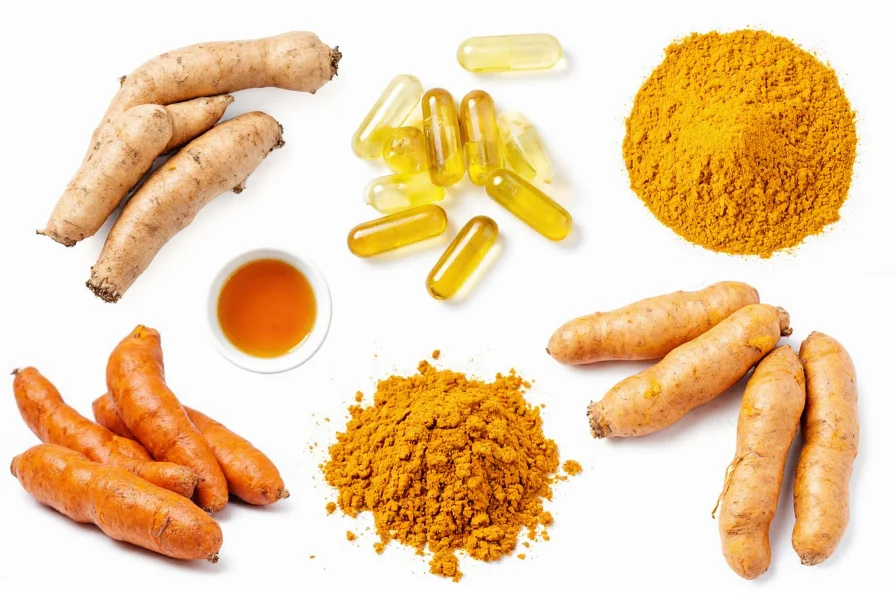 Assortment of turmeric products including fresh root, ground powder, capsules, and liquid extract