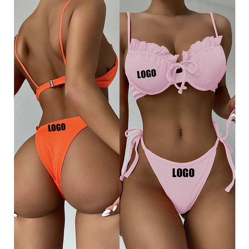 

Free Shipping New Style Two Piece Swimsuit Solid Color Ruffled Swimwear Beachwear
