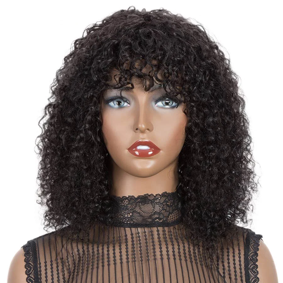 

Sleek Bob Wig With Bangs Kinky Curly Hair Wigs Jerry Curl Brazilian Hair Wigs Human Remy Hair 180% Density