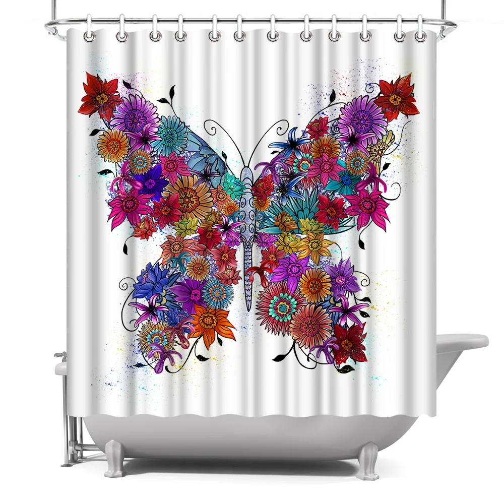 

White Polyester Liner Color Small Flower Big Butterfly Picture Toliet Shower Curtain, Customized color