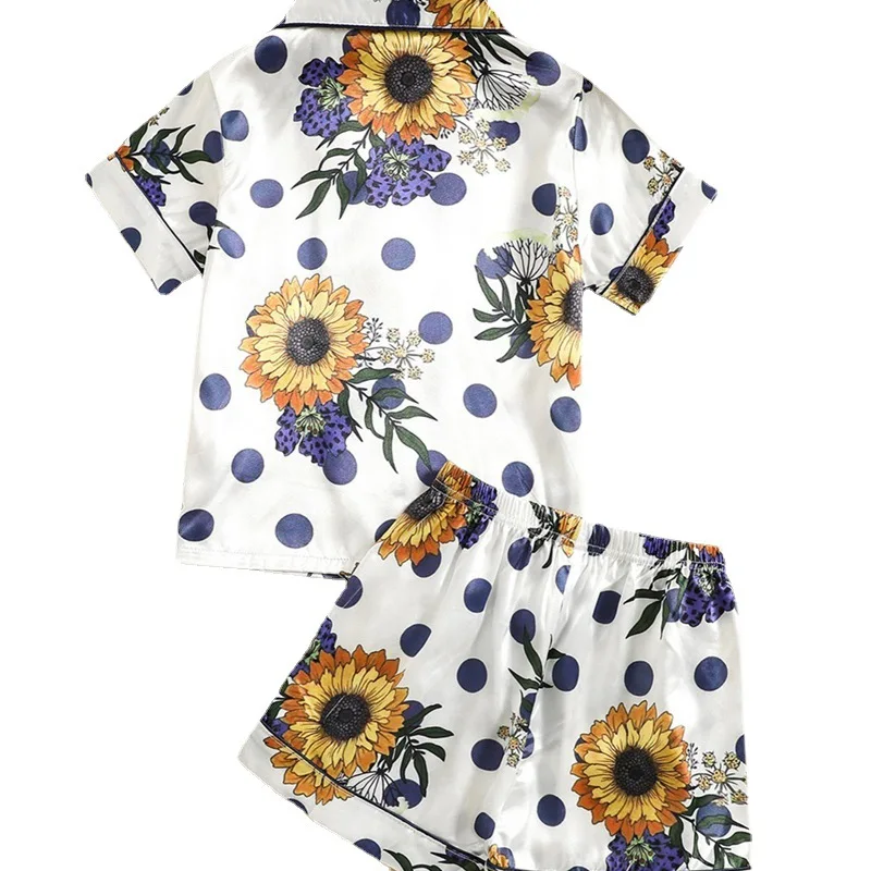 Wholesale Flower printed pajamas summer short sleeve kids pajamas suit satin Floral pajamas sleepwear set